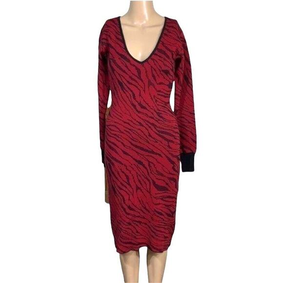 Rachel Roy Womens Sweater Dress Bernadette Knit Fitted Red Tiger Animal Print XS - Picture 1 of 12
